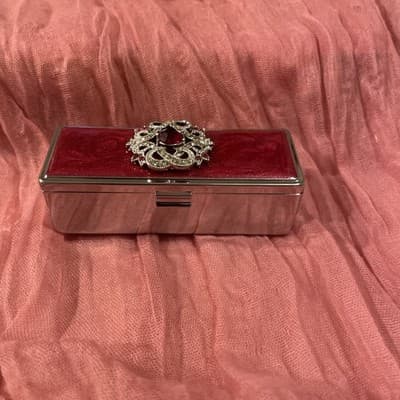 Pocket Compact Silver Tone Metal Enamel, Jeweled Hinge Lipstick Holder NOS - Thumbnail 2