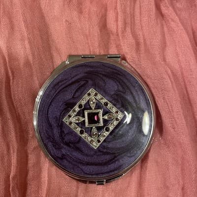Pocket Compact Silver Tone Metal Enamel, Jeweled Hinge Mirror VTG NOS