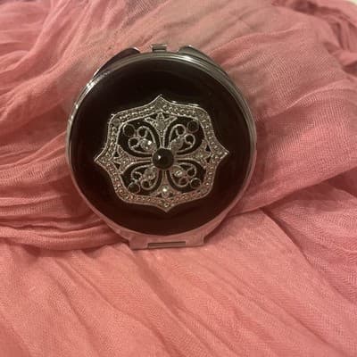 Pocket Compact Silver Tone Metal Enamel, Jeweled Hinge Mirror VTG NOS