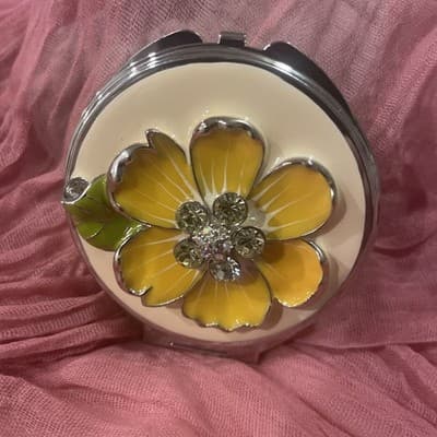 Pocket Compact Silver Tone Metal Enamel, Jeweled Hinge Mirror VTG NOS