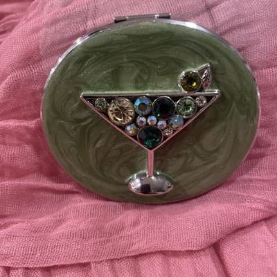 Pocket Compact Silver Tone Metal Enamel, Jeweled Hinge Mirror VTG NOS