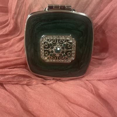 Pocket Compact Silver Tone Metal Enamel, Jeweled Hinge Mirror VTG NOS