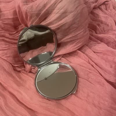 Pocket Compact Silver Tone Metal Enamel, Jeweled Hinge Mirror VTG NOS - Thumbnail 2