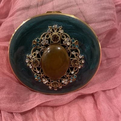Pocket Compact Silver Tone Metal Enamel, Jeweled Hinge Mirror VTG NOS