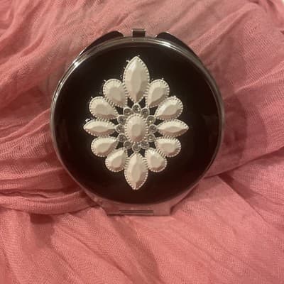 Pocket Compact Silver Tone Metal Enamel, Jeweled Hinge Mirror VTG NOS