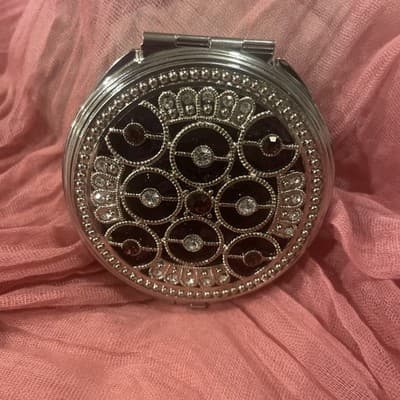 Pocket Compact Silver Tone Metal Enamel, Jeweled Hinge Mirror VTG NOS