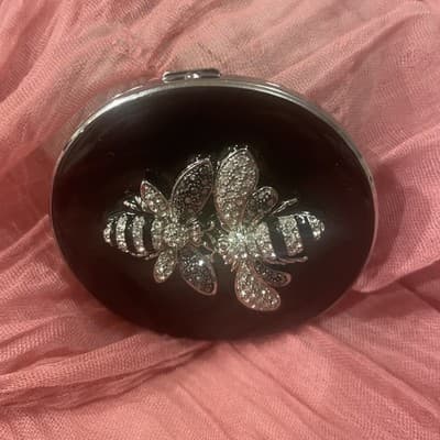 Pocket Compact Silver Tone Metal Enamel, Jeweled Hinge Mirror VTG NOS