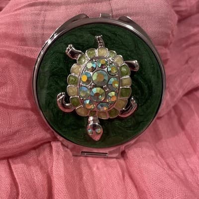 Pocket Compact Silver Tone Metal Enamel, Jeweled Hinge Mirror VTG NOS