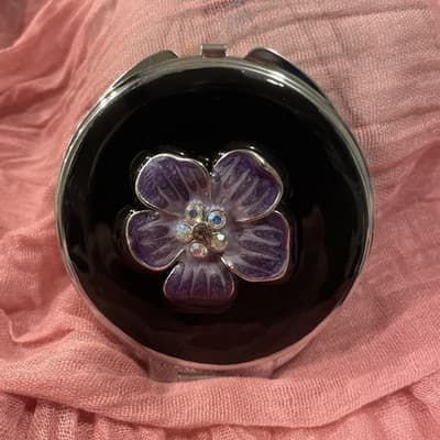 Pocket Compact Silver Tone Metal Enamel, Jeweled Hinge Mirror VTG NOS