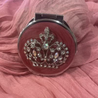 Pocket Compact Silver Tone Metal Enamel, Jeweled Hinge Mirror VTG NOS