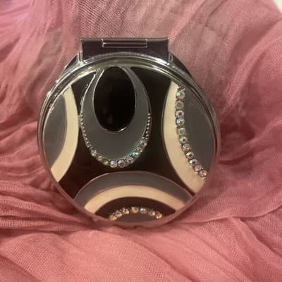 Pocket Compact Silver Tone Metal Enamel, Jeweled Hinge Mirror VTG NOS