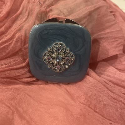 Pocket Compact Silver Tone Metal Enamel, Jeweled Hinge Mirror VTG NOS