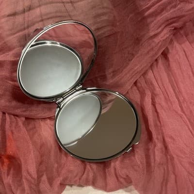 Pocket Compact Silver Tone Metal Enamel, Jeweled Hinge Mirror VTG NOS - Thumbnail 2