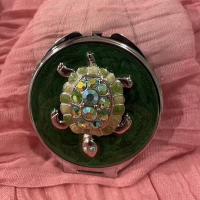 Pocket Compact Silver Tone Metal Enamel, Jeweled Hinge Mirror VTG NOS