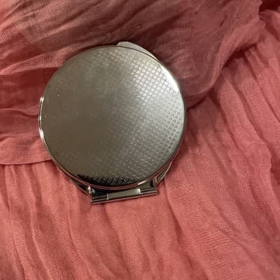 Pocket Compact Silver Tone Metal Enamel, Jeweled Hinge Mirror VTG NOS - Thumbnail 3