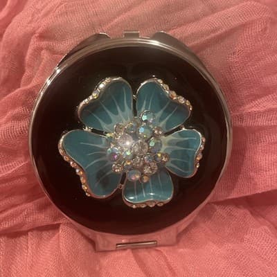 Pocket Compact Silver Tone Metal Enamel, Jeweled Hinge Mirror VTG NOS