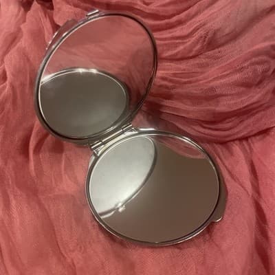 Pocket Compact Silver Tone Metal Enamel, Jeweled Hinge Mirror VTG NOS - Thumbnail 2
