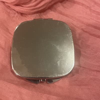 Pocket Compact Silver Tone Metal Enamel, Jeweled Hinge Mirror VTG NOS - Thumbnail 3
