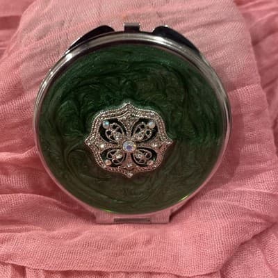 Pocket Compact Silver Tone Metal Enamel, Jeweled Hinge Mirror VTG NOS