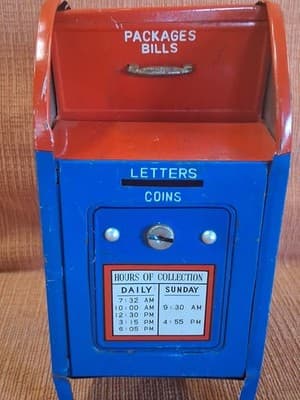 Large 7" Tall Metal Bank Red/White/Blue Vintage 1970 U S MAIL BANK No Key - Thumbnail 2