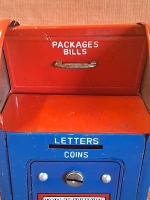 Large 7" Tall Metal Bank Red/White/Blue Vintage 1970 U S MAIL BANK No Key - Thumbnail 6