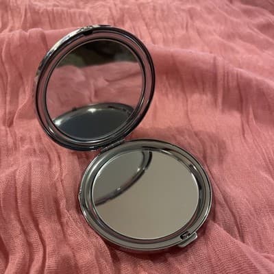 Pocket Compact Silver Tone Metal Enamel, Jeweled Hinge Mirror VTG NOS - Thumbnail 2