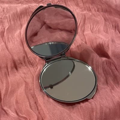 Pocket Compact Silver Tone Metal Enamel, Jeweled Hinge Mirror VTG NOS - Thumbnail 2