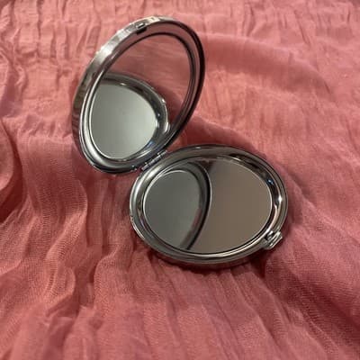 Pocket Compact Silver Tone Metal Enamel, Jeweled Hinge Mirror VTG NOS - Thumbnail 2