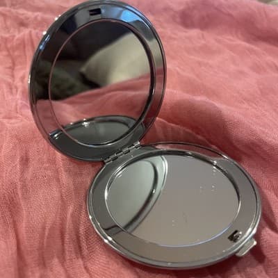 Pocket Compact Silver Tone Metal Enamel, Jeweled Hinge Mirror VTG NOS - Thumbnail 2
