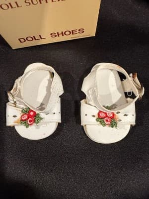 VTG Doll Shoes White With Pink & Green Floral Design 3.25" Sole Length - Thumbnail 2