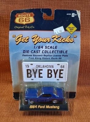 Route 66 - 1964 Ford mustang Oklahoma BYE BYE,- 1:64 Diecast - Bent Card