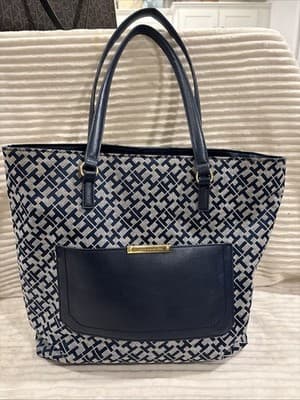 Tommy Hilfiger Signature Women's Large Pocketbook Satchel Navy & White