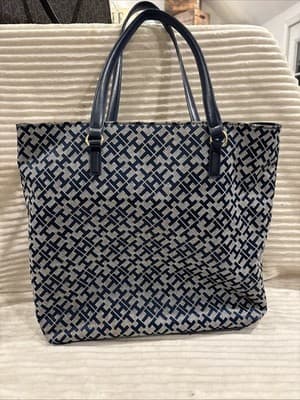 Tommy Hilfiger Signature Women's Large Pocketbook Satchel Navy & White - Thumbnail 5
