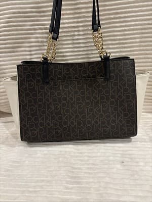 CALVIN KLEIN Brown Signature CK Chain Handle Medium Tote Off White Colorblock - Thumbnail 7