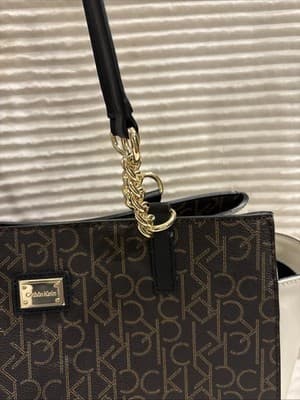 CALVIN KLEIN Brown Signature CK Chain Handle Medium Tote Off White Colorblock - Thumbnail 5