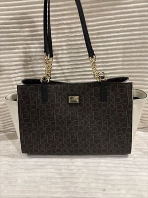 CALVIN KLEIN Brown Signature CK Chain Handle Medium Tote Off White Colorblock - Thumbnail 2