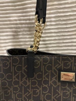 CALVIN KLEIN Brown Signature CK Chain Handle Medium Tote Off White Colorblock - Thumbnail 4