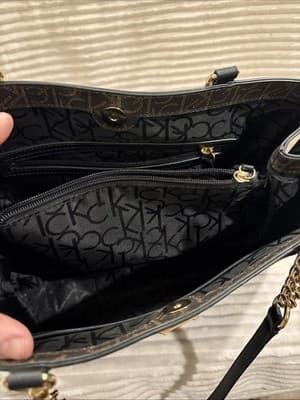 CALVIN KLEIN Brown Signature CK Chain Handle Medium Tote Off White Colorblock - Thumbnail 12