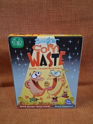 RARE Ren & Stimpy Sugar Corn Waste Cereal w/ Sody Pop Premium by Spumco 1997 Art