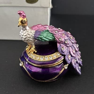 Jeweled Metal and Enamel Peacock Trinket Box~colorful~Magnetic Closure - Thumbnail 2