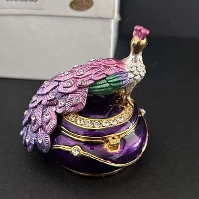 Jeweled Metal and Enamel Peacock Trinket Box~colorful~Magnetic Closure - Thumbnail 3