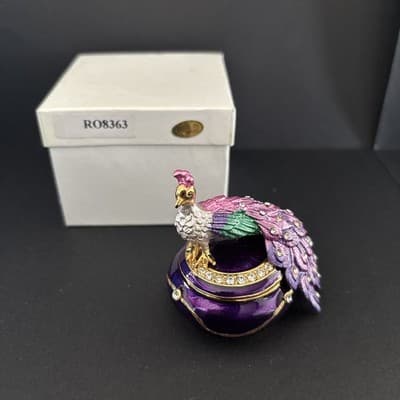 Jeweled Metal and Enamel Peacock Trinket Box~colorful~Magnetic Closure