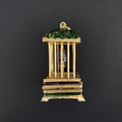 Beautiful Vintage BIRD CAGE with LOVEBIRDS, Jeweled Enamel Trinket Box, - Thumbnail 3