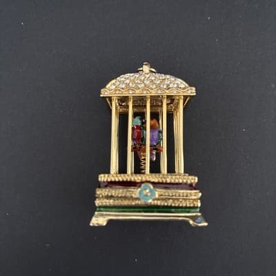 Beautiful Vintage BIRD CAGE with LOVEBIRDS, Jeweled Enamel Trinket Box, - Thumbnail 2