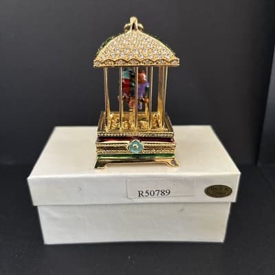 Beautiful Vintage BIRD CAGE with LOVEBIRDS, Jeweled Enamel Trinket Box,