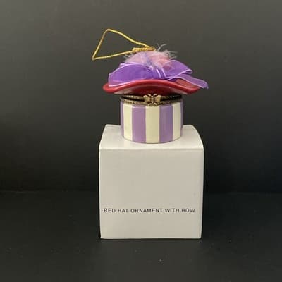 Red Hat Porcelain Trinket Box Vintage Purple Feather 2.5" x 3"