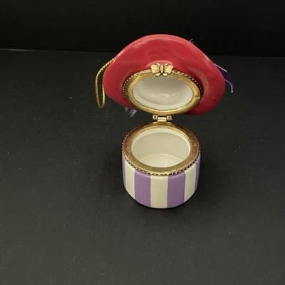 Red Hat Porcelain Trinket Box Vintage Purple Feather 2.5" x 3" - Thumbnail 3