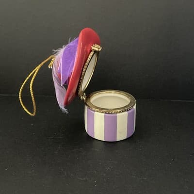 Red Hat Porcelain Trinket Box Vintage Purple Feather 2.5" x 3" - Thumbnail 5