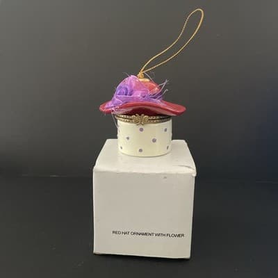 White w/ Purple Dots Enamel Mini Trinket Red Hat Flower Treasure Box Ornament