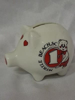 Vintage White Ceramic Heart Eyes Piggy Bank Myrtle Beach SC Travel Souvenir